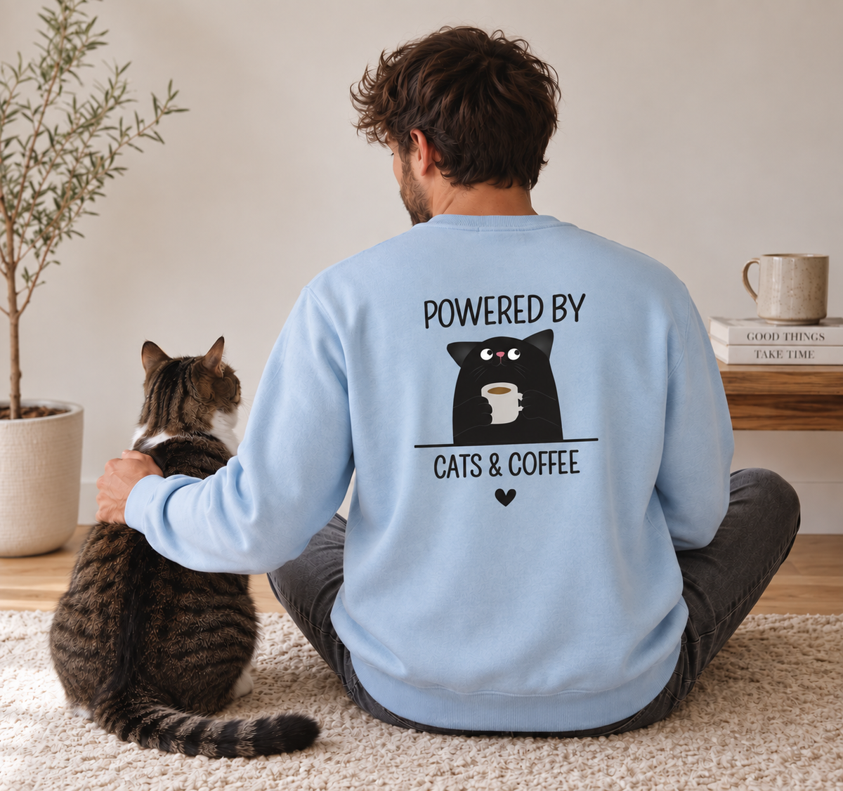 Hellblaues Sweatshirt mit Katzenmotiv und Kaffeetasse